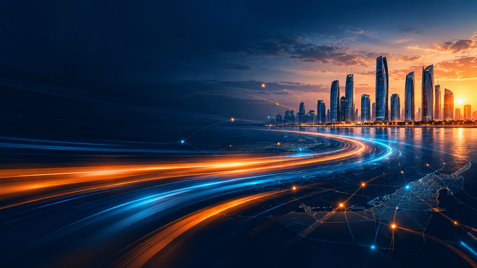 Abstract smart logistics network with illuminated routes across an Abu Dhabi-inspired skyline