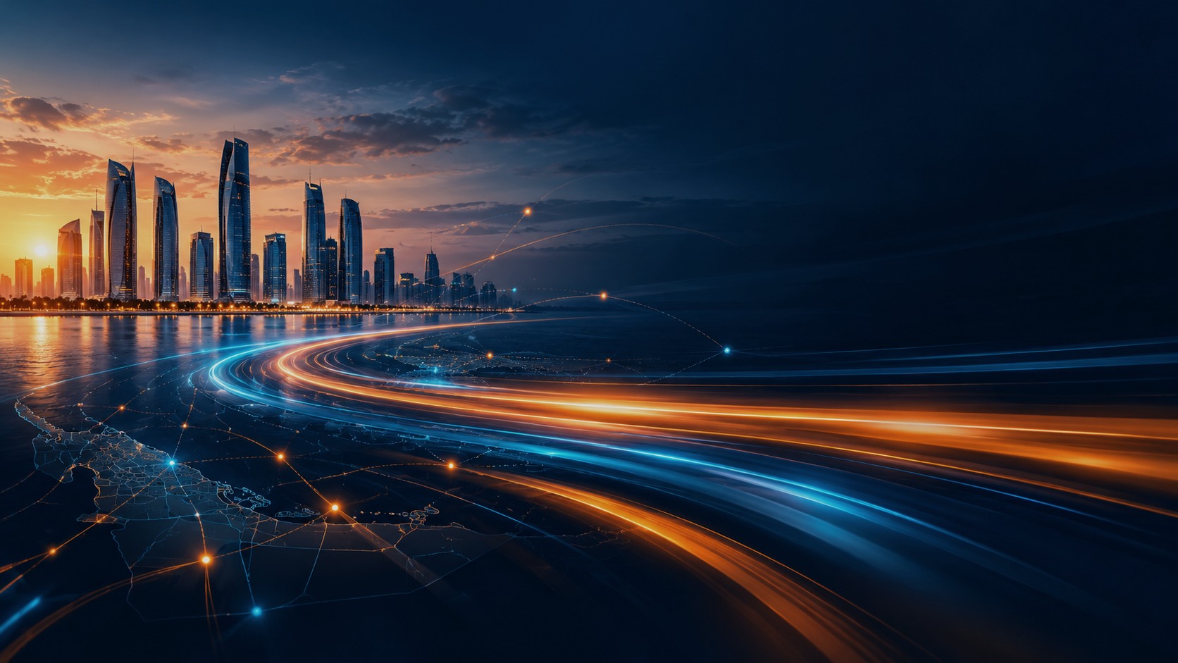 Dynamic illuminated digital logistics network and city skyline